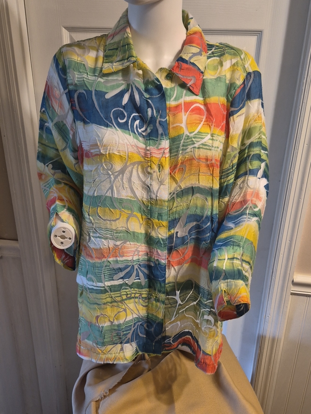 Allison Daley Multicolor Striped Button-Front Blouse. 3/4 Sleeve